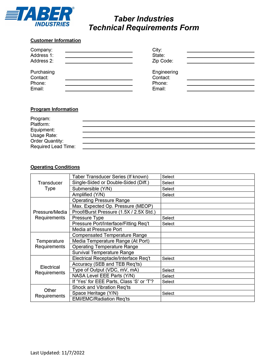 Taber Technical Requirements